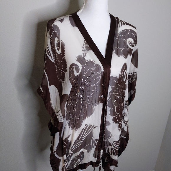 Bebe Silk Vintage 90s Sheer Cover Kimono Wrap Top Beaded Brown - Picture 3 of 8